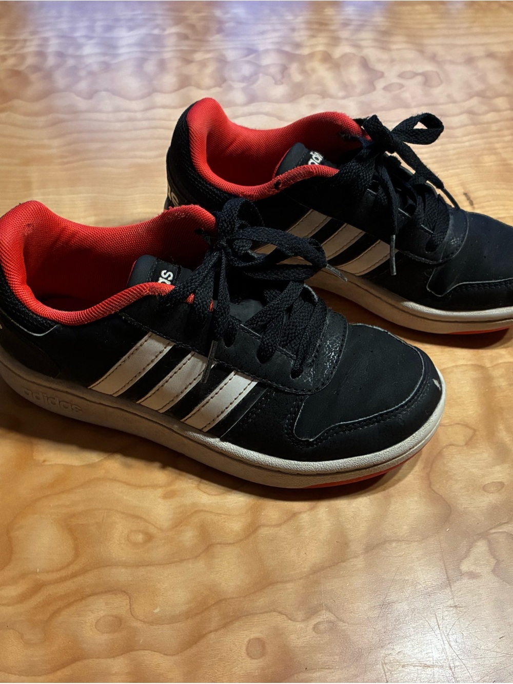 adidas Kids Black Sneakers with Red Lining and White Stripes